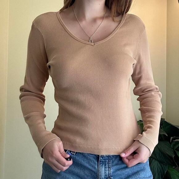 Newport News Tan ribbed cotton long sleeve top size medium - Picture 1 of 6